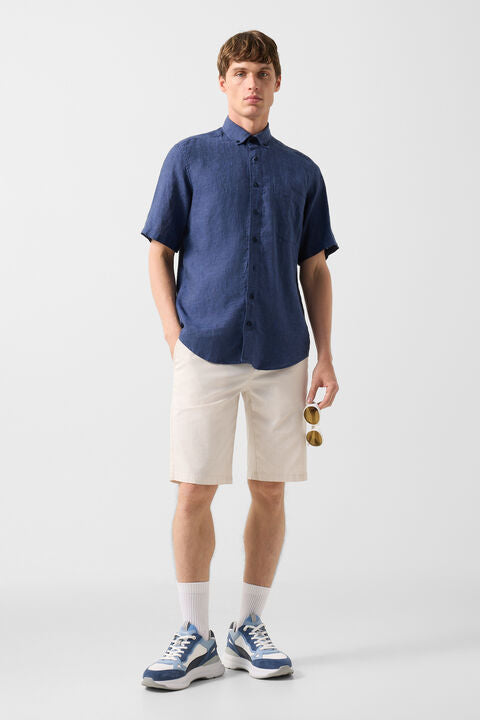 Linen Short-Sleeved Shirt Lykos In Navy Blue