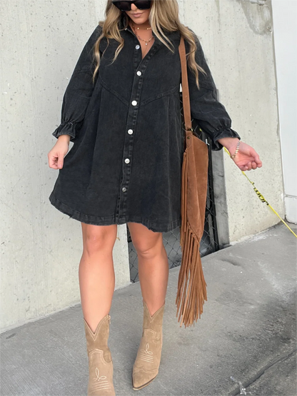 Women's Washed Denim Puff Sleeve Dress (Buy 2 Free Shipping)